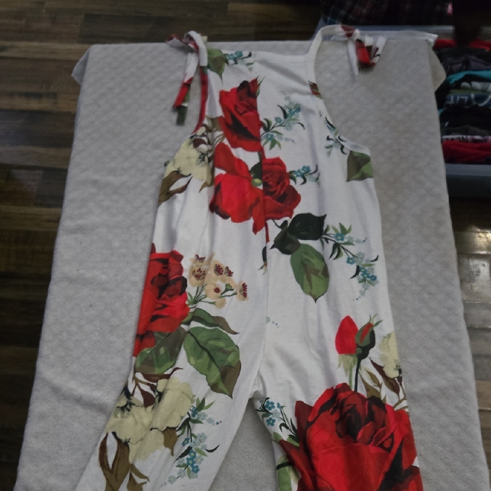 White Floral Tie-Shoulder Jumpsuit with Red Rose Print